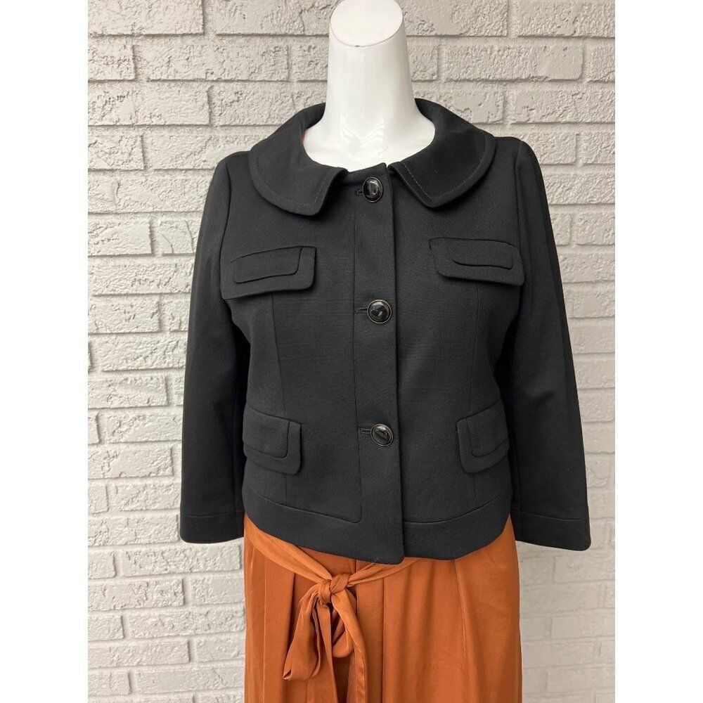 Ann Taylor Women Black Peter Pan Collar Cropped Three Button Jacket Size 6